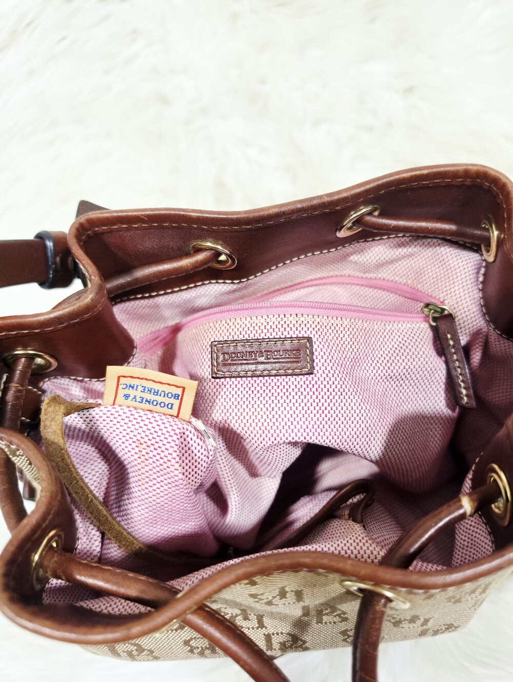 Dooney & Bourke DB Monogram Drawstring Bucket Bag Tan Brown Leather - Picture 14 of 17
